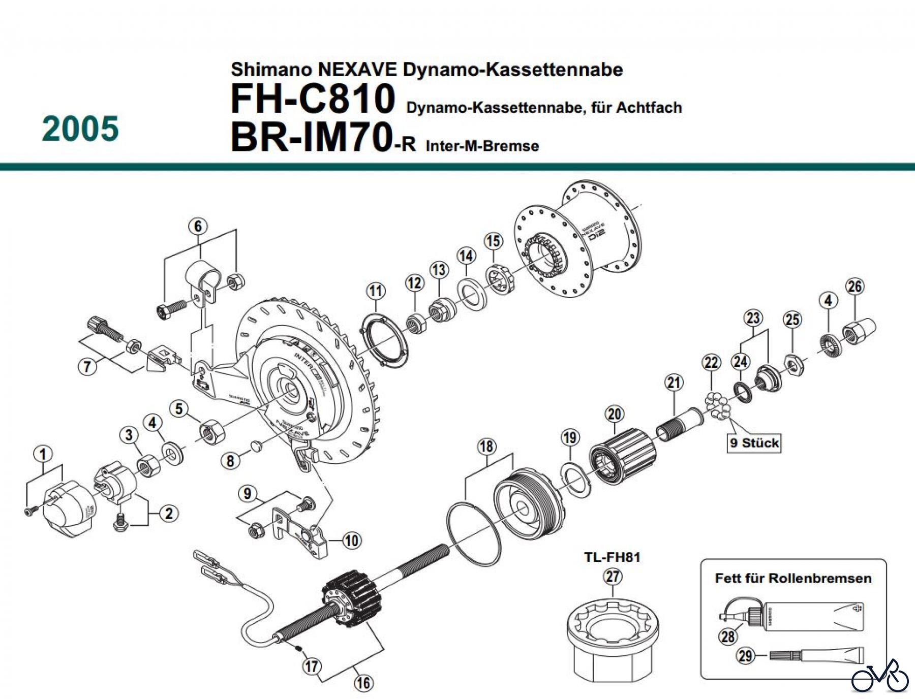 Shimano FH Free Hub - Freilaufnabe FH-C810, BR-IM70-R, 2005 Shimano NEXAVE Dynamo-Kassettennabe 8-fach