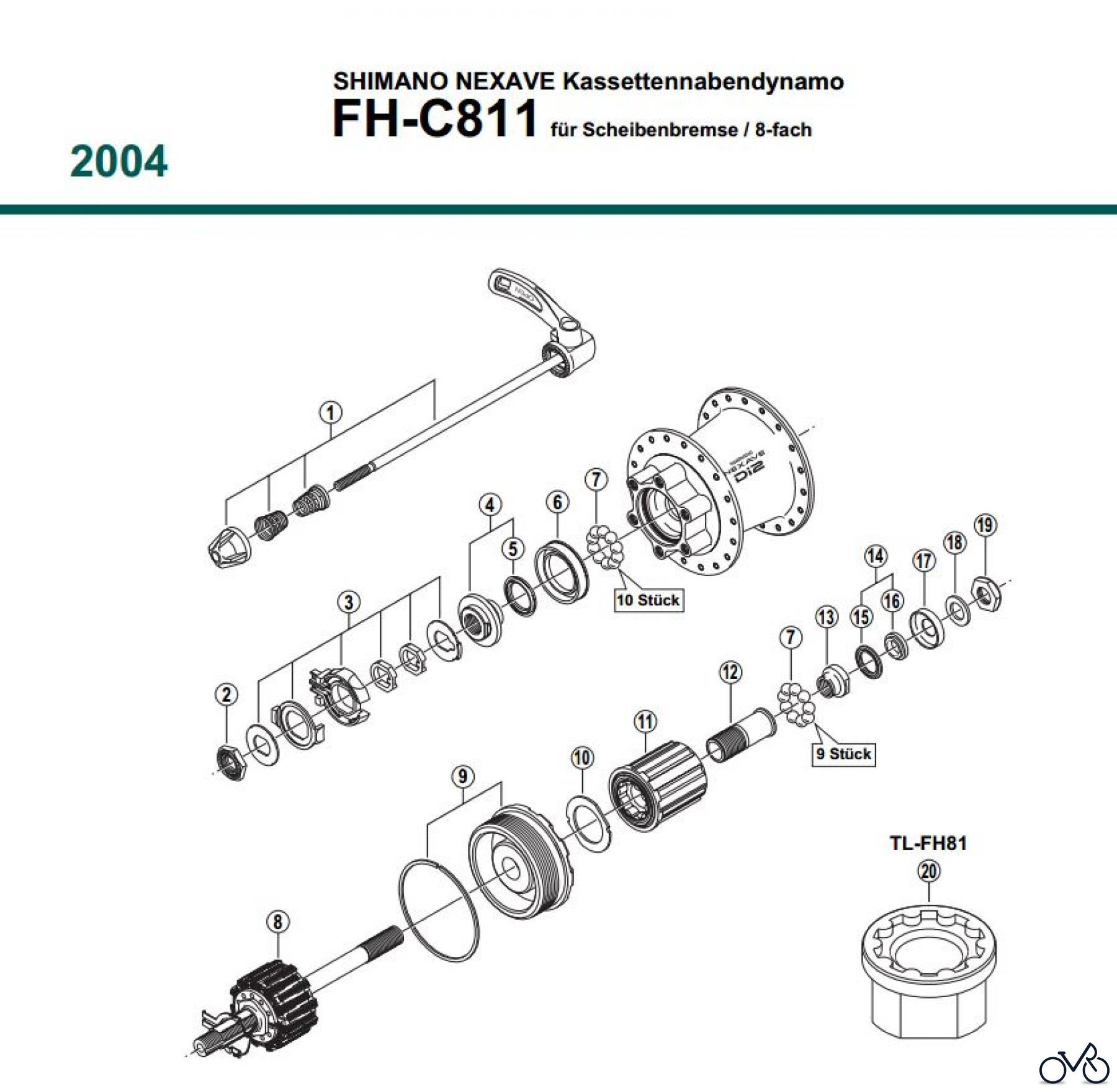  Shimano FH Free Hub - Freilaufnabe FH-C811, 2004 SHIMANO NEXAVE Kassettennabendynamo für Scheibenbremse / 8-fach