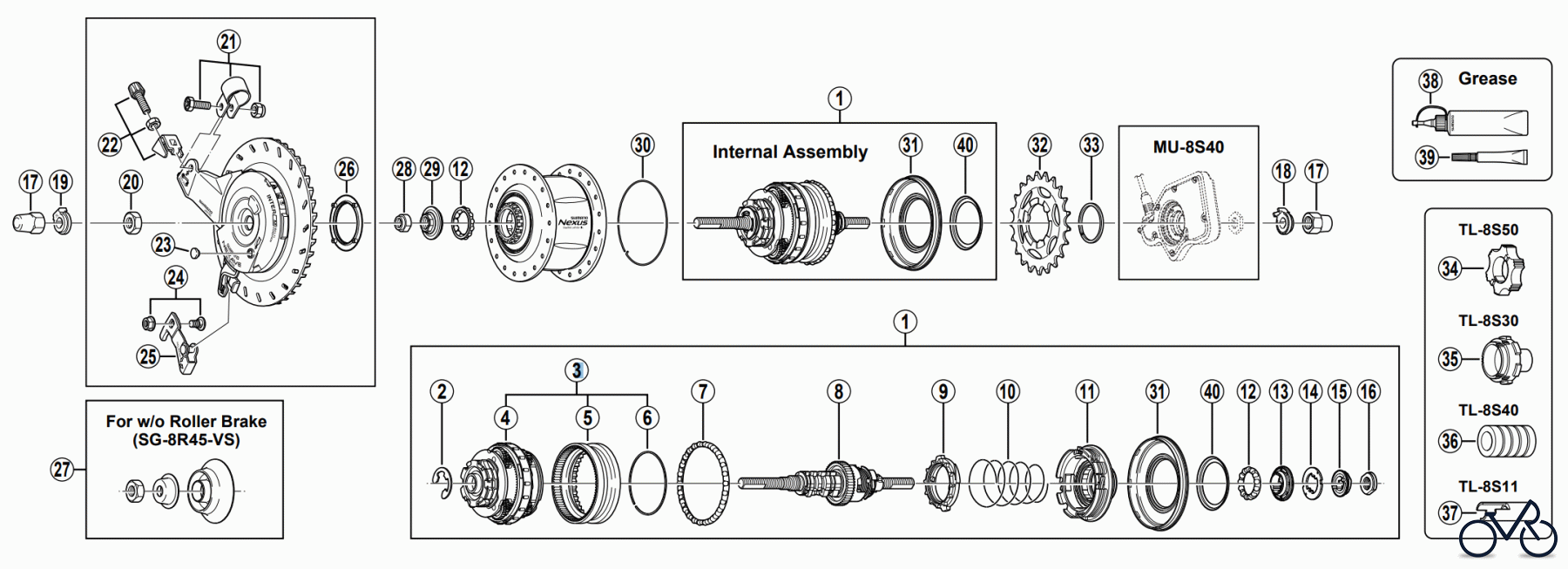  Shimano SG Getriebenabe /Nabenschaltung SG-8R45 CYBER NEXUS 8-SPEED HUB w/Hi-Power Roller Brake