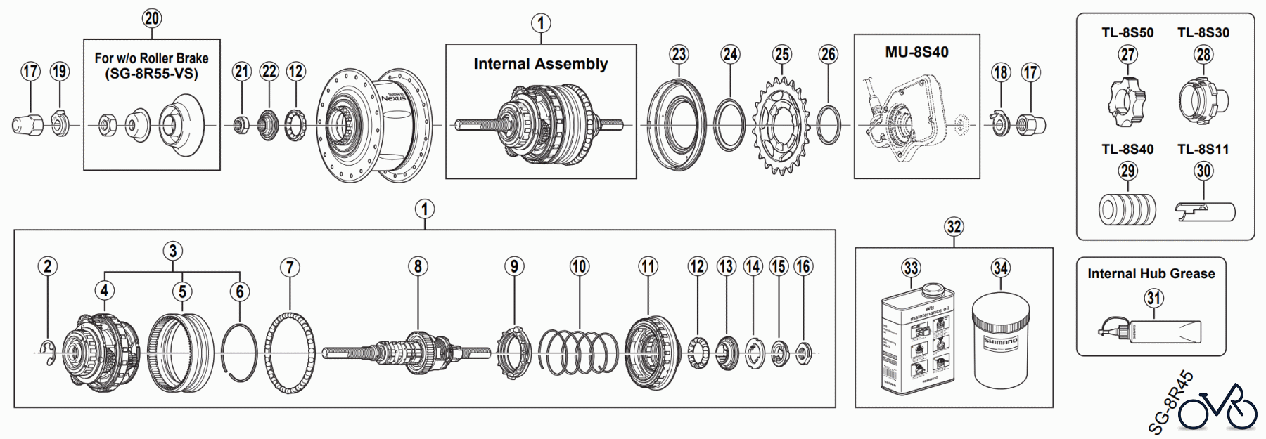  Shimano SG Getriebenabe /Nabenschaltung SG-8R55 CYBER NEXUS 8-Speed Internal Hub